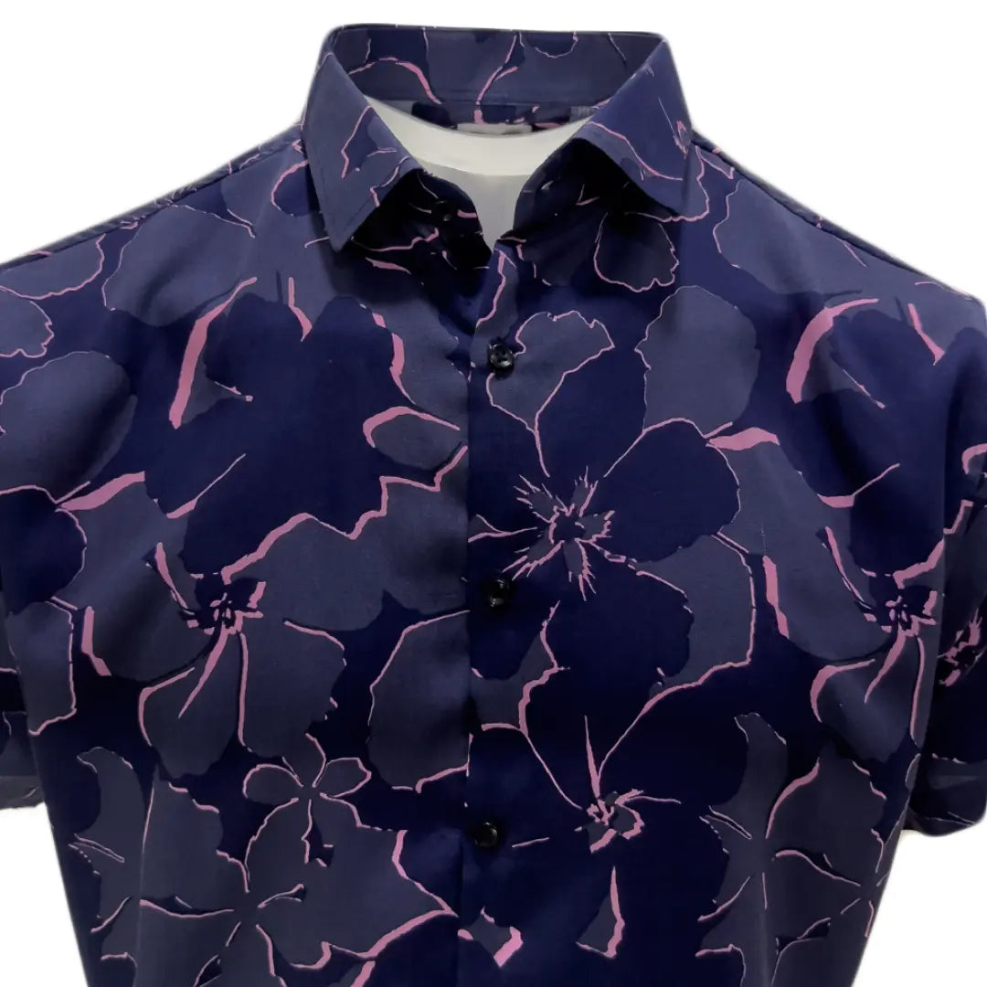 Blue & Pink Floral Printed Linen Shirt