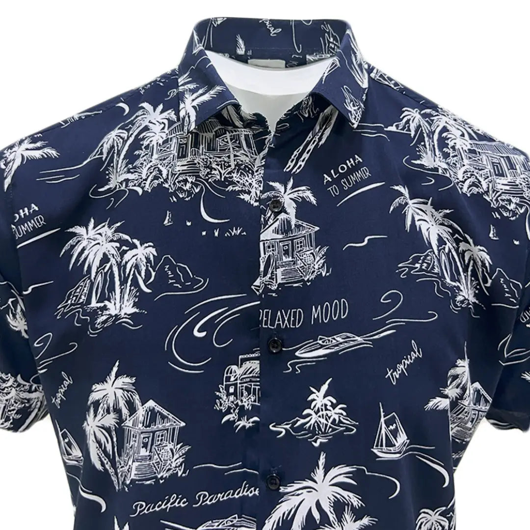 Navy Blue Printed Linen Shirt for Men