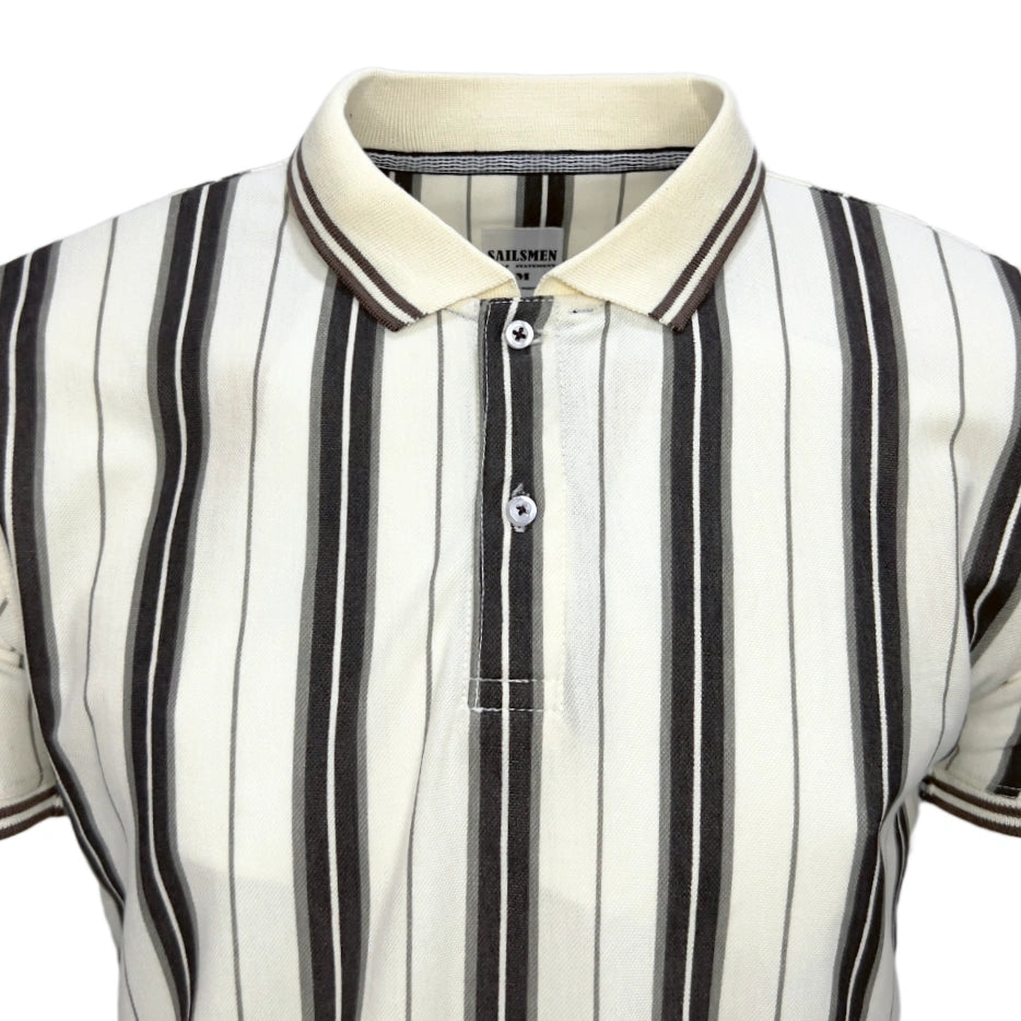 Off White and Brown Striped Polo Shirt